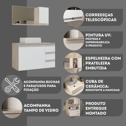 Imagem de Conjunto Gabinete Banheiro Prisma 80cm Gabinete + Cuba + Espelheira Com Vidro Madeirado Branco