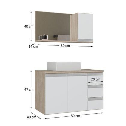 Imagem de Conjunto Gabinete Banheiro Prisma 80cm Gabinete + Cuba + Espelheira Com Vidro Madeirado Branco