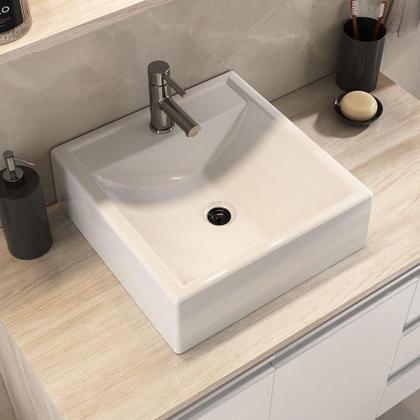 Imagem de Conjunto Gabinete Banheiro Prisma 80cm Gabinete + Cuba + Espelheira Com Vidro Madeirado Branco