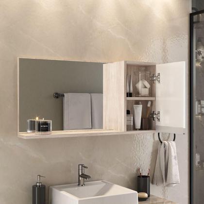 Imagem de Conjunto Gabinete Banheiro Prisma 80cm Gabinete + Cuba + Espelheira Com Vidro Madeirado Branco