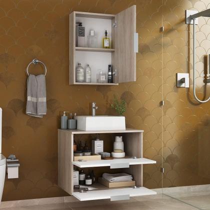 Imagem de Conjunto Gabinete Banheiro Rubi 60cm Gabinete + Cuba + Espelheira Madeirado Branco