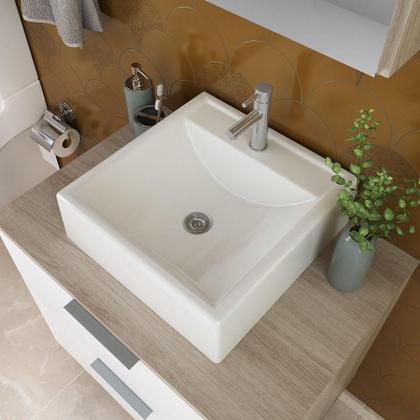 Imagem de Conjunto Gabinete Banheiro Rubi 60cm Gabinete + Cuba + Espelheira Madeirado Branco