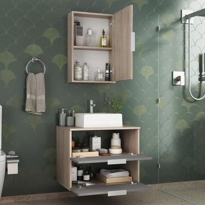 Imagem de Conjunto Gabinete Banheiro RUBI 60cm - Gabinete + Cuba + Espelheira - Madeirado/Cinza