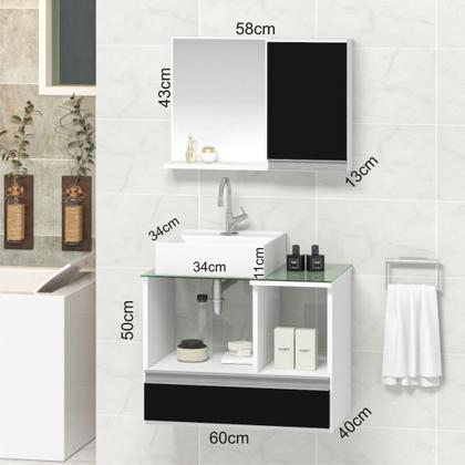 Imagem de Conjunto Gabinete Banheiro Venus 60cm Branco/Preto - Gabinete + Cuba + Espelheira + Tampo Vidro