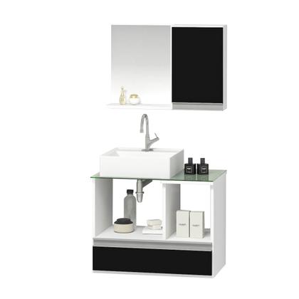 Imagem de Conjunto Gabinete Banheiro Venus 60cm Branco/Preto - Gabinete + Cuba + Espelheira + Tampo Vidro