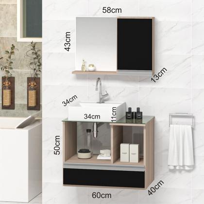 Imagem de Conjunto Gabinete Banheiro Venus 60cm Madeirado/Preto - Gabinete + Cuba + Espelheira + Tampo Vidro