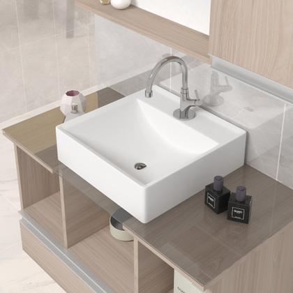 Imagem de Conjunto Gabinete Banheiro VENUS 80cm Madeirado/Branco - Gabinete + Cuba + Espelheira + Tampo Vidro