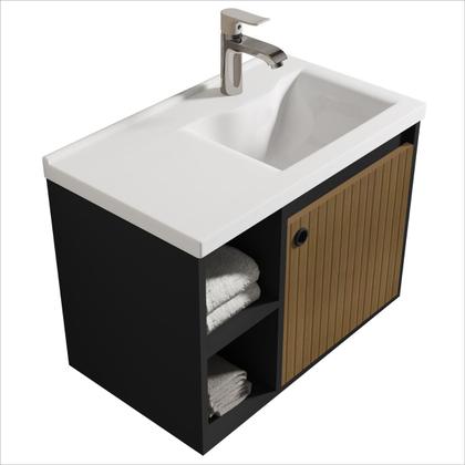 Imagem de Conjunto gabinete com espelheira e cuba para banheiro 60cm adonis preto ripado