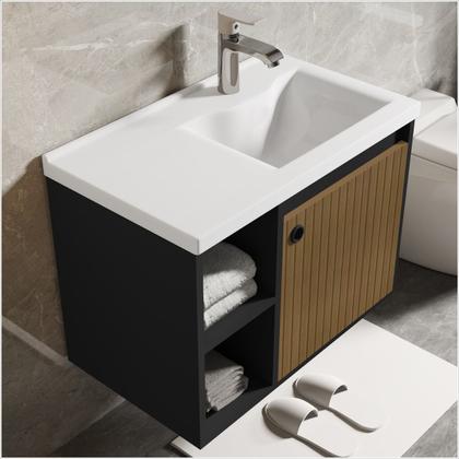 Imagem de Conjunto gabinete com espelheira e cuba para banheiro 60cm adonis preto ripado