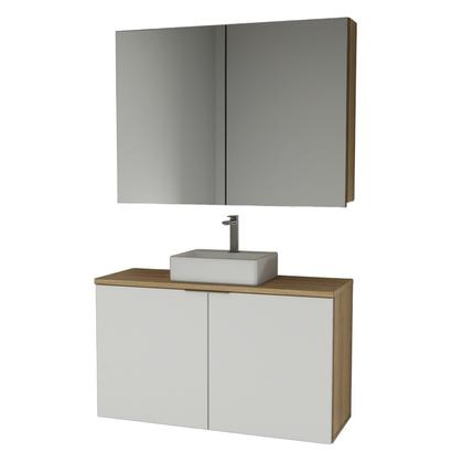 Imagem de Conjunto Gabinete de Banheiro com Cuba e Espelheira em MDF Suspenso 110cm Nature Carvalho/Branco