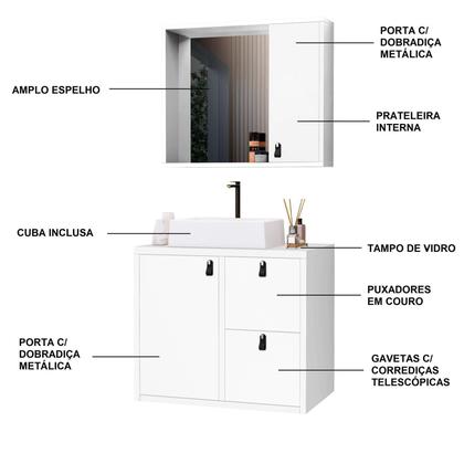 Imagem de Conjunto Gabinete para Banheiro com Cuba Sobrepor, Tampo de Vidro e Espelheira Toro 60 Cm