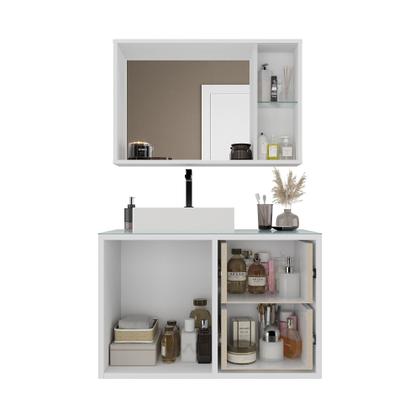 Imagem de Conjunto Gabinete para Banheiro com Cuba Sobrepor, Tampo de Vidro e Espelheira Toro 80cm