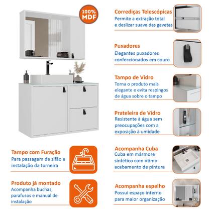 Imagem de Conjunto Gabinete para Banheiro com Cuba Sobrepor, Tampo de Vidro e Espelheira Toro 80cm