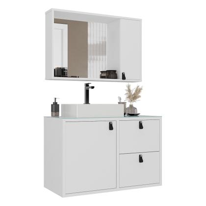Imagem de Conjunto Gabinete para Banheiro com Cuba Sobrepor, Tampo de Vidro e Espelheira Toro 80cm