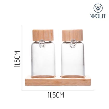 Imagem de Conjunto Galheteiro 2 Garrafas Azeite Vinagre Tampa e Suporte de Bambu 170ml Wolff