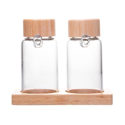 Imagem de Conjunto Galheteiro 2 Garrafas Azeite Vinagre Tampa e Suporte de Bambu 170ml Wolff