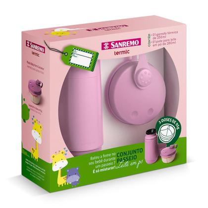 Imagem de Conjunto Garrafa Térmica 250 Ml Rosa + Pote Para Leite em Pó