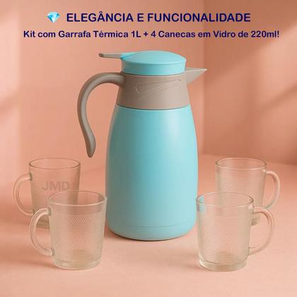 Conjunto Garrafa Térmica Café 4 Canecas Copos Vidros 220ml 1L - jdmazine Imagem de Conjunto Garrafa Térmica Café 4 Canecas Copos Vidros 220ml 1L