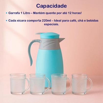 Conjunto Garrafa Térmica Café 4 Canecas Copos Vidros 220ml 1L - jdmazine Imagem de Conjunto Garrafa Térmica Café 4 Canecas Copos Vidros 220ml 1L