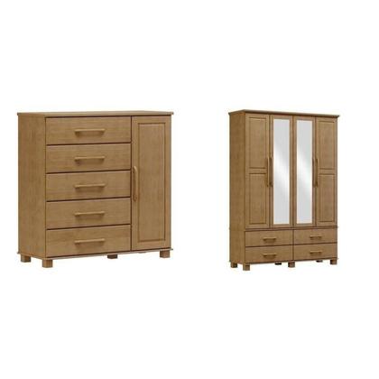 Imagem de Conjunto Guarda Roupa 4 Portas + Cômoda 5 Gavetas 100% Madeira Maciça - Linha Ouro Finestra Móveis Marrom/Freijó