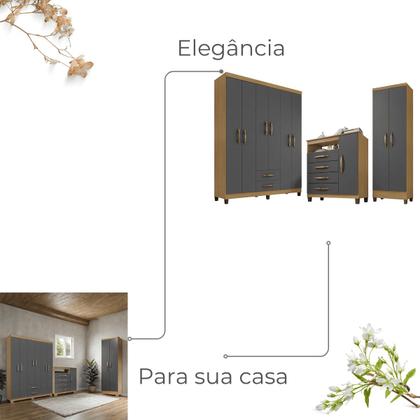 Imagem de Conjunto Guarda Roupa 6 Portas com Cômoda e Multiuso - Carvalho Americano-Grafite- EdeCasaMoveis
