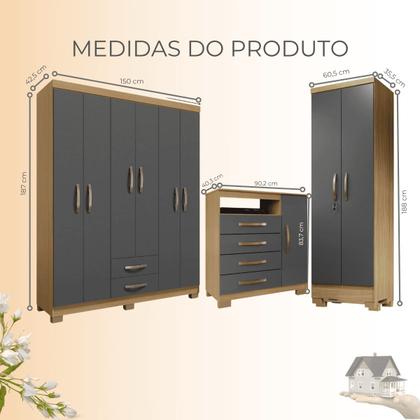 Imagem de Conjunto Guarda Roupa 6 Portas com Cômoda e Multiuso - Carvalho Americano-Grafite- EdeCasaMoveis