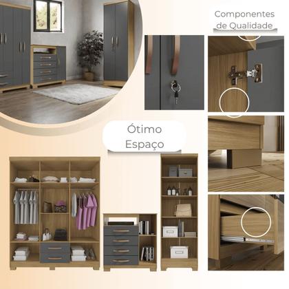 Imagem de Conjunto Guarda Roupa 6 Portas com Cômoda e Multiuso - Carvalho Americano-Grafite- EdeCasaMoveis