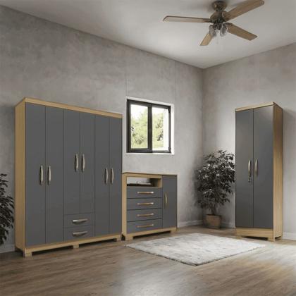 Imagem de Conjunto Guarda Roupa 6 Portas com Cômoda e Multiuso - Carvalho Americano-Grafite- EdeCasaMoveis