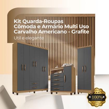 Imagem de Conjunto Guarda Roupa 6 Portas com Cômoda e Multiuso - Carvalho Americano-Grafite- EdeCasaMoveis