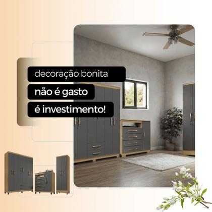 Imagem de Conjunto Guarda Roupa 6 Portas com Cômoda e Multiuso - Carvalho Americano-Grafite- EdeCasaMoveis