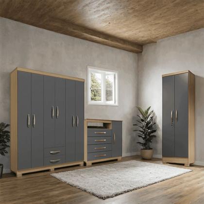 Imagem de Conjunto Guarda Roupa 6 Portas com Cômoda e Multiuso - Carvalho Americano-Grafite- EdeCasaMoveis