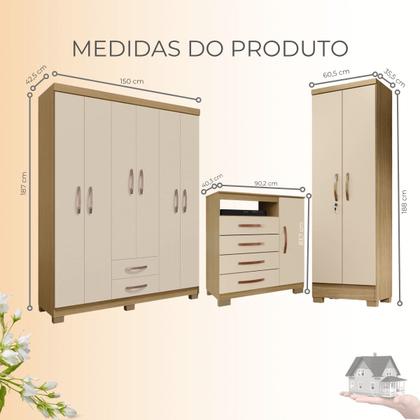Imagem de Conjunto Guarda Roupa 6 Portas com Cômoda e Multiuso - Carvalho Americano - Off White- EdeCasaMoveis