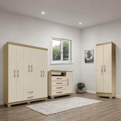 Imagem de Conjunto Guarda Roupa 6 Portas com Cômoda e Multiuso - Carvalho Americano - Off White- EdeCasaMoveis