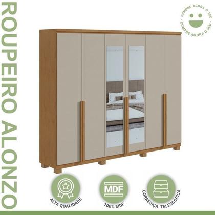 Imagem de Conjunto Guarda-roupa Alonzo com Espelho e Pés e Cômoda da Vinci com Nicho