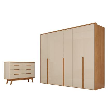 Imagem de Conjunto Guarda-Roupa Casal 6 Portas 6 Gavetas Cômoda 8 Gavetas com Tampo MDF Lizz Off White/Cedro