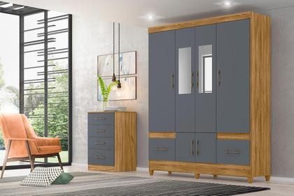 Imagem de Conjunto Guarda Roupa Com Espelho e Cômoda Gokyo Freijó Cinza