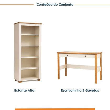 Imagem de Conjunto Home Office 1 Mesa 120cm 2 Gavetas 1 Estante para Livros Ananda CabeCasa MadeiraOriginals Off White Mel Branco