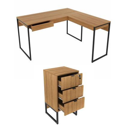 Imagem de Conjunto Home Office 2 Peças com 1 Mesa e 1 Gaveteiro para Escritório Amêndoa/Preto - Pnr Móveis