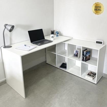Imagem de Conjunto Home Office com Escrivaninha em L com 8 Nichos e Estante Escada Organizadora