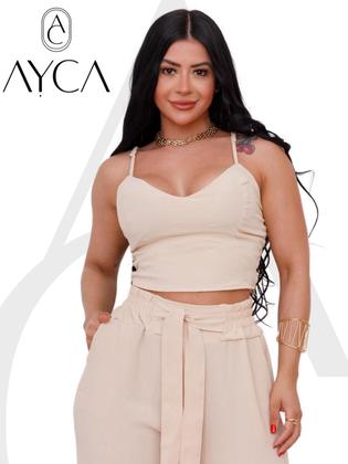 Imagem de Conjunto Individual feminino duna calça pantalona e cropped com bojo Alça regulagem alfaiataria