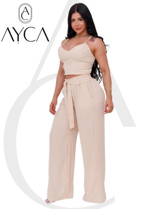 Imagem de Conjunto Individual feminino duna calça pantalona e cropped com bojo Alça regulagem alfaiataria