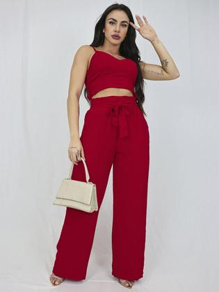 Imagem de Conjunto Individual feminino duna calça pantalona e cropped com bojo Alça regulagem alfaiataria