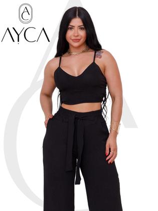 Imagem de Conjunto Individual feminino duna calça pantalona e cropped com bojo Alça regulagem alfaiataria