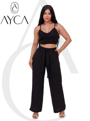 Imagem de Conjunto Individual feminino duna calça pantalona e cropped com bojo Alça regulagem alfaiataria