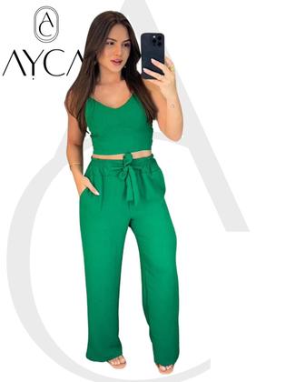 Imagem de Conjunto Individual feminino duna calça pantalona e cropped com bojo Alça regulagem alfaiataria