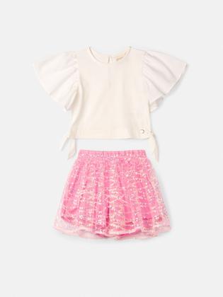 Imagem de Conjunto Infantil Animê Verão Saia Rosa Tule e Blusa Branca