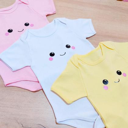 Imagem de Conjunto infantil bebê 6 peças body e tapa fralda bebe manga curta neném feliz menina rosa branco amarelo malha suedine algodão - bodymania