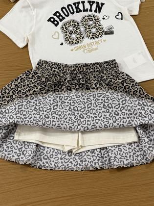 Imagem de Conjunto Infantil Belime Verão com Saia Onça e Blusa Branca Brooklyn