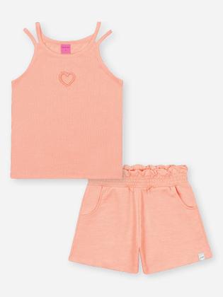 Imagem de Conjunto Infantil Belime Verão com Shorts e Regata Laranja Coração