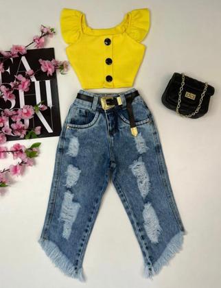 Imagem de Conjunto Infantil Blogueirinha Cropped Calça Jeans Moda Luxo